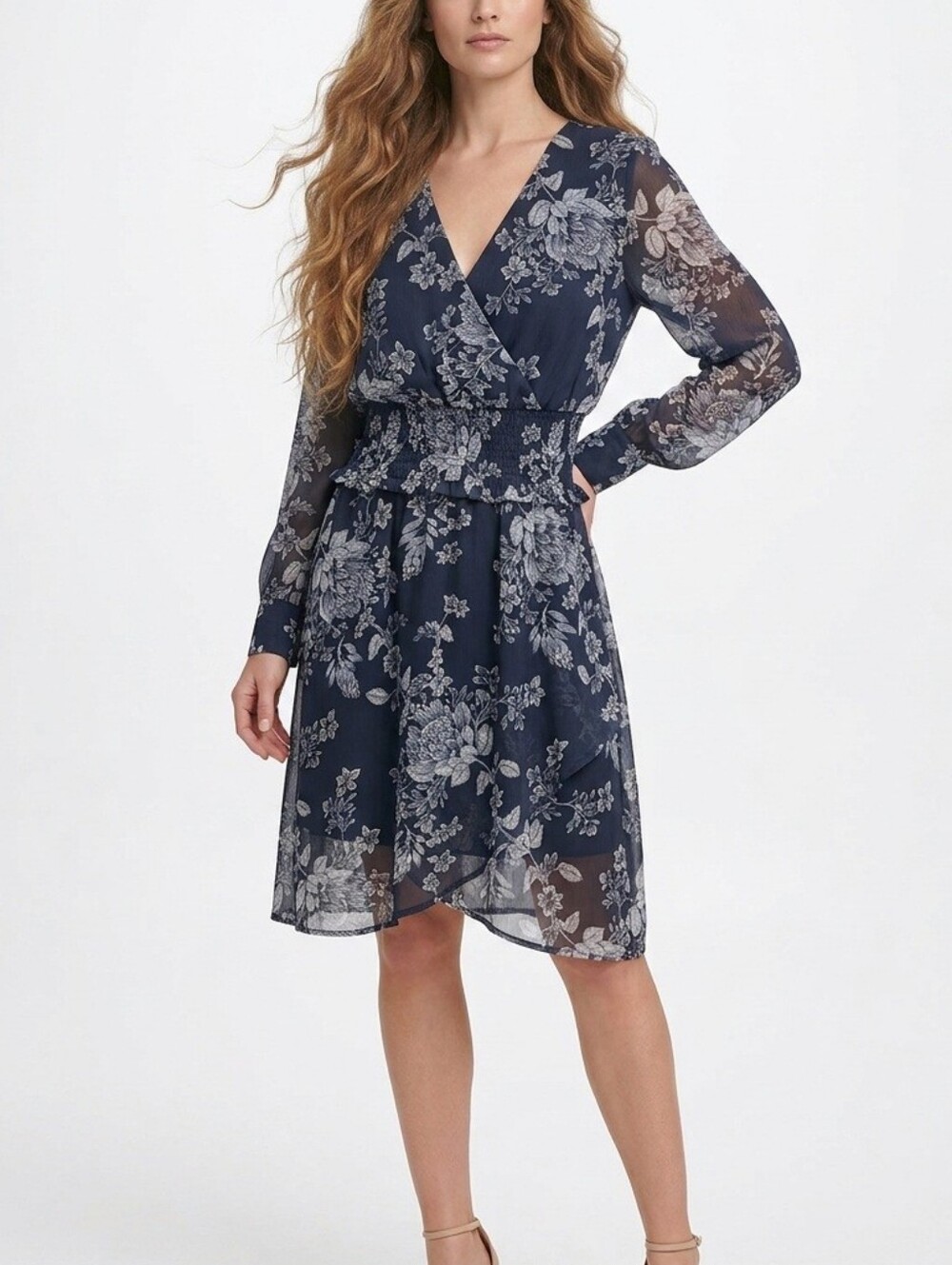 NWT XS/S Suzy Shier Floral Smocked Waist Faux Wrap Chiffon Dress - Navy Blue